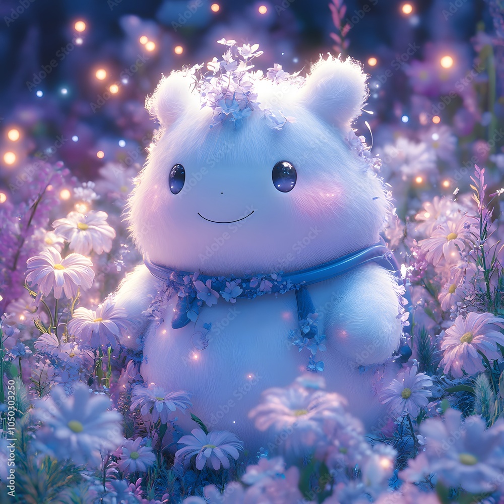 Obraz premium Mysterious 3D character monster hiding in an enchanted garden filled with magical flowers and shimmering lights