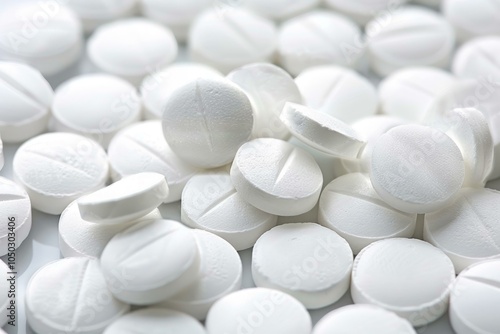 Multitude of perfectly aligned white round pills are forming a medical background