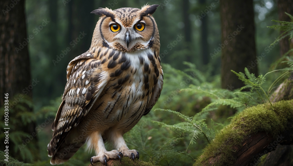 Fototapeta premium A Eurasian eagle-owl with yellow eyes stares intently at the camera, perched on a branch in a lush green forest.