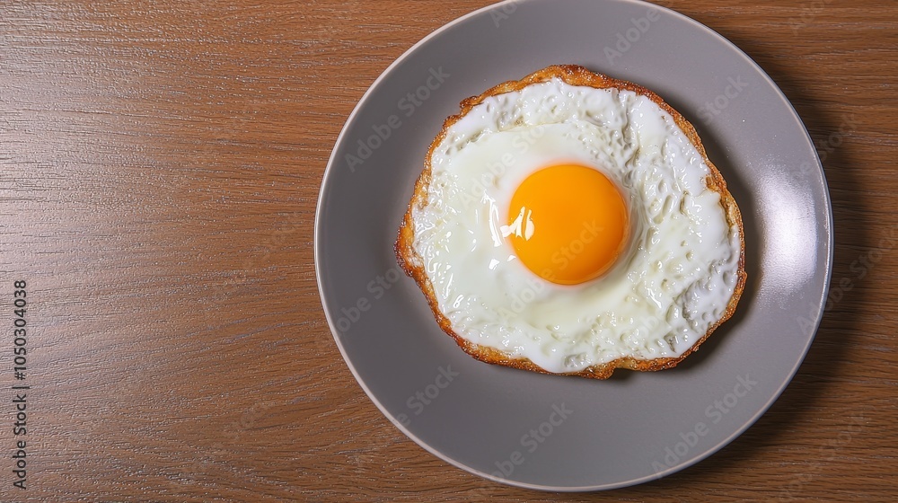 Fried egg on a gray plate against a wooden background. Fried egg on a gray plate against a wooden background.