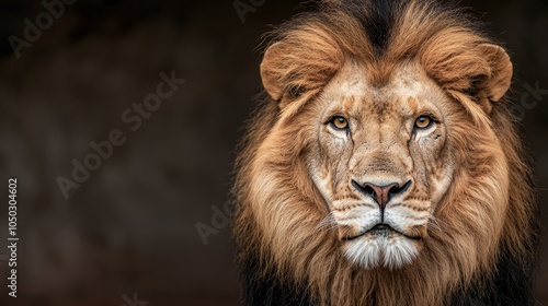 Majestic lion portrait with a powerful gaze on a dark background. photo