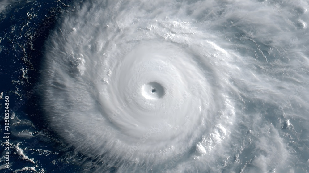 Fototapeta premium Powerful oceanic storm system viewed from above with swirling winds creating a dense dramatic cloud spiral formation over the turbulent churning waters below
