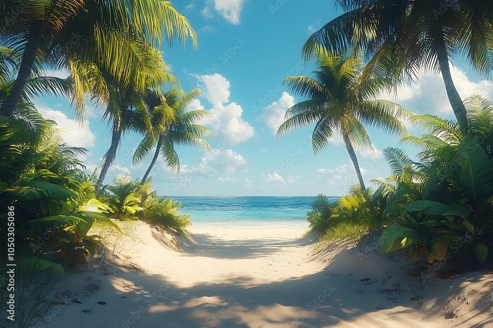 Obraz premium Palm Trees Frame Tranquil Tropical Beach Path