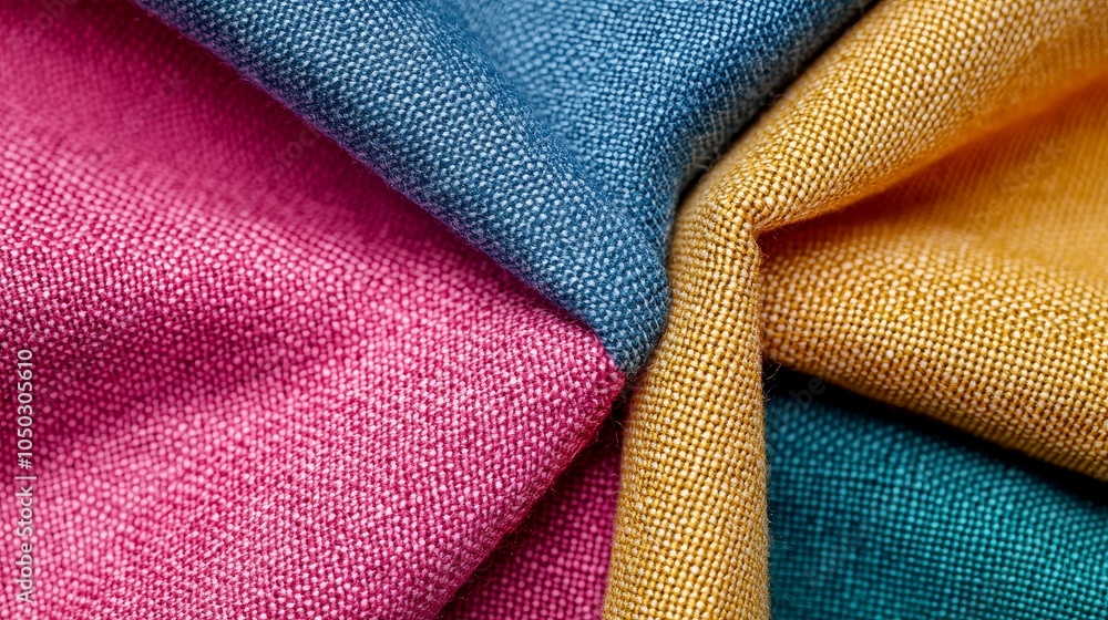 Fototapeta premium Colorful fabric textures showcasing blue, pink, yellow, and teal hues.