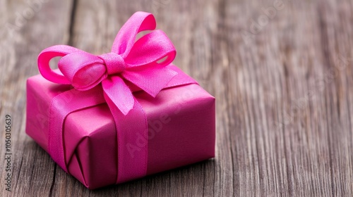 Colorful gift box with a pink ribbon on a rustic wooden surface.