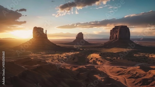 Wallpaper Mural A dramatic view of the Monument Valley in Utah with towering sandstone buttes and a dramatic sunset sky, desert setting with grand scale, Sunset style Torontodigital.ca