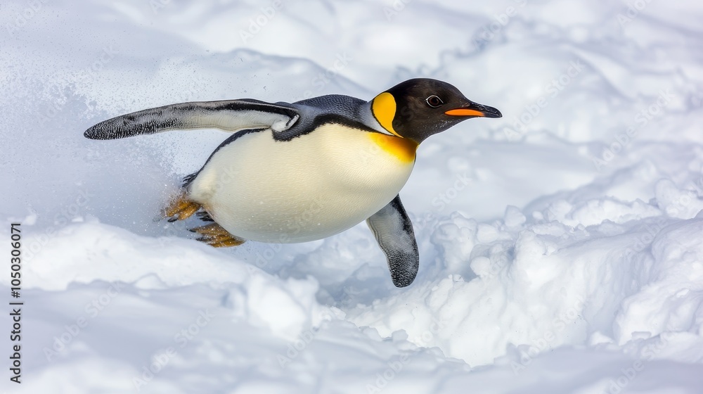 Obraz premium Emperor penguin jumping through the snow in a polar landscape, dynamic and playful.