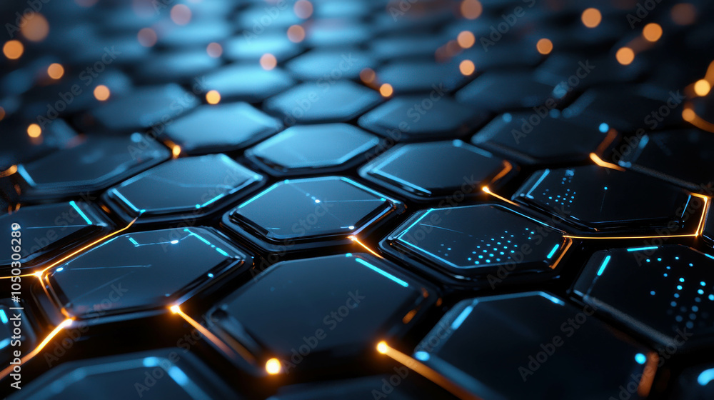 Fototapeta premium Abstract Hexagon Network: Futuristic digital honeycomb structure with glowing blue and orange nodes. High-tech background perfect for tech, AI, and network concepts.