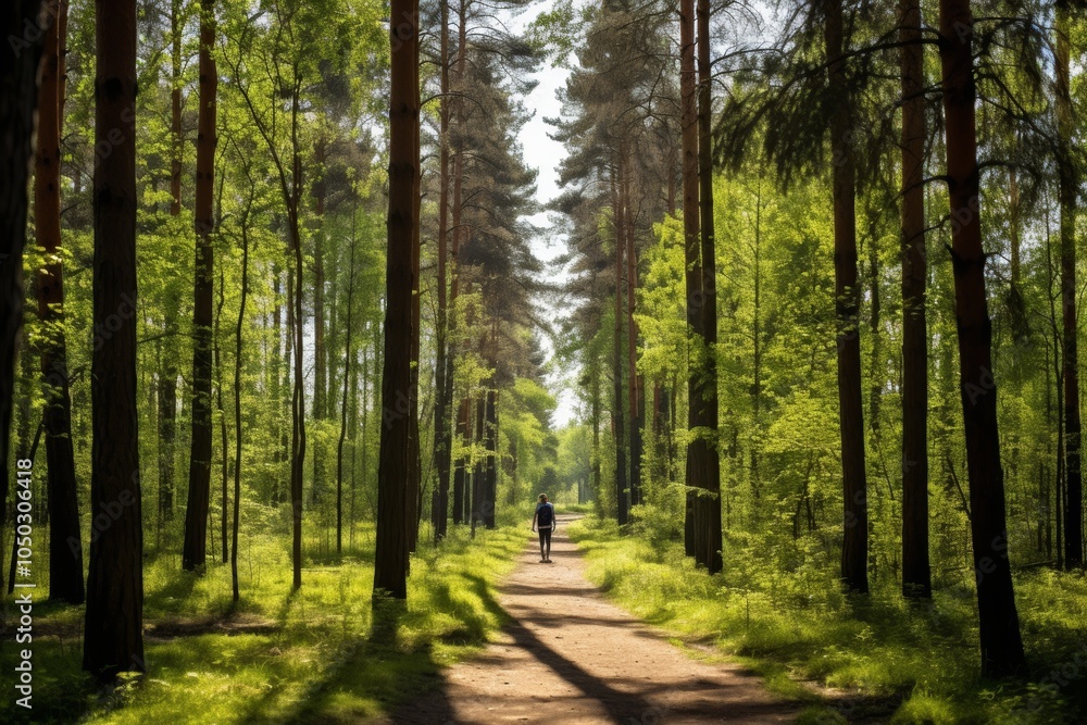 Fototapeta premium Young adult man jogging along a natural trail in a lush forest on a bright summer day