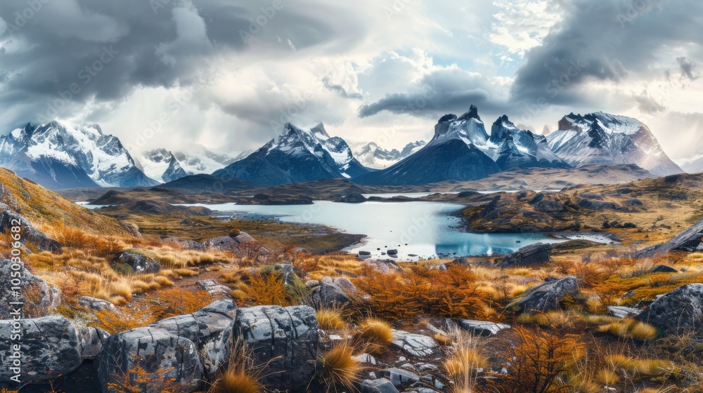 Fototapeta premium A dramatic view of the Patagonia landscape with towering granite peaks, pristine lakes, and sprawling glaciers under a cloudy sky