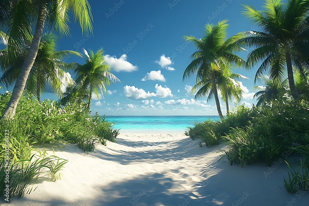 Fototapeta premium Palm-Lined Pathway to Turquoise Waters