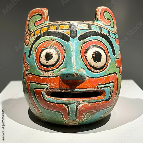 Ancient Mayan Ceramic Vessel: A vibrant, intricately painted ceramic vessel in the form of a stylized jaguar head, showcasing the rich artistry of the Mayan civilization.   photo