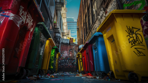 colorful garbage bins in urban alley