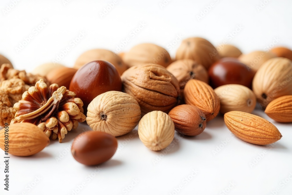 Different kinds of nuts on a white background, close-up. Different kinds of nuts on a white background, close-up.