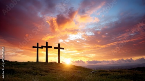 Three silhouetted crosses standing tall against a breathtaking sunset sky filled with deep vibrant hues of red and gold creating a serene and spiritual atmosphere