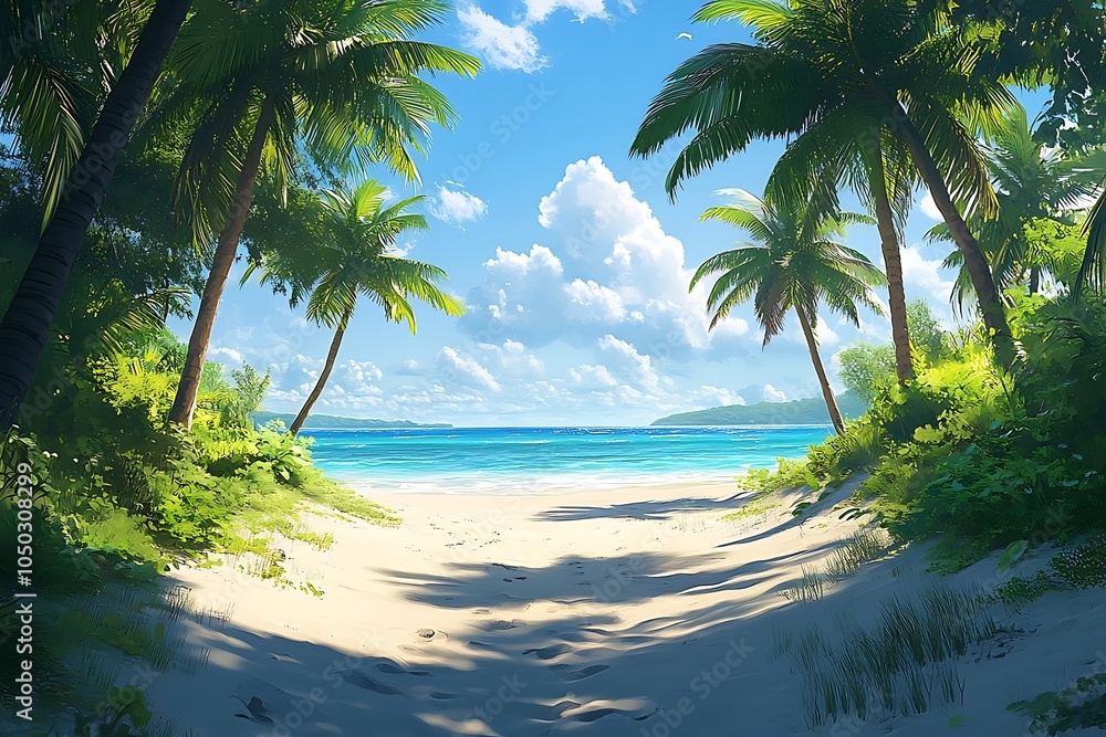 Obraz premium Palm Trees Framing Tranquil Beach Path with Foamy Waves