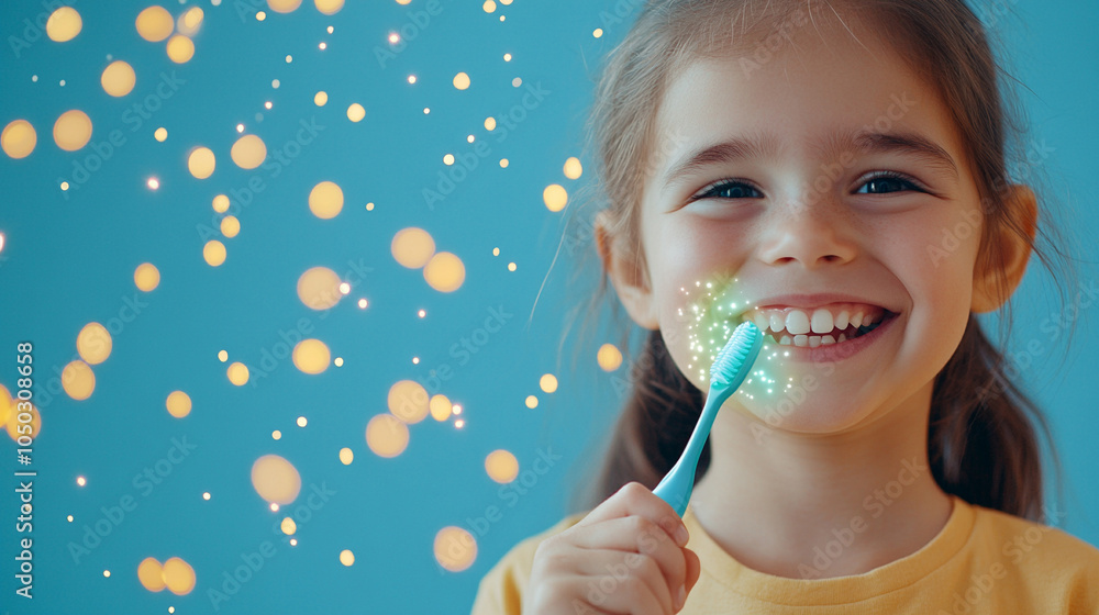 A smiling child holding a toothbrush, with a glowing fluoride shield forming around their teeth for extra protection A smiling child holding a toothbrush, with a glowing fluoride shield forming around their teeth for extra protection