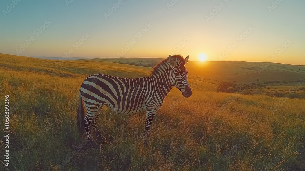 Naklejka premium A zebra stands in a field at sunset, looking towards the horizon.