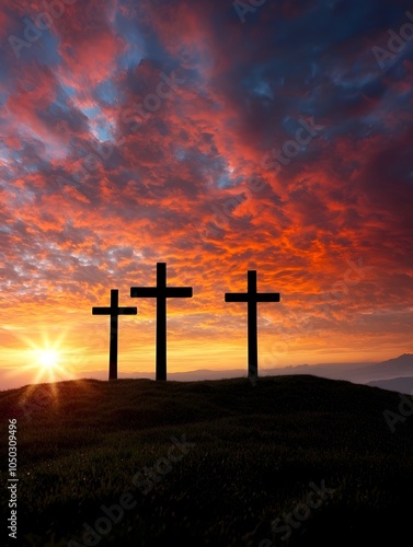 Silhouetted crosses standing tall against a breathtaking sunset sky with deep red and golden light filling the horizon creating a powerful and serene scene