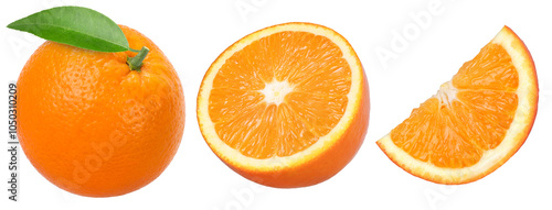 Orange fruit with leaves, half and slices isolated, Orange fruit macro studio photo, transparent PNG, collection, PNG format, cut out. photo