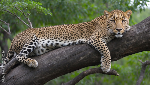 A leopard rests on a tree branch, looking alert and ready to pounce. photo