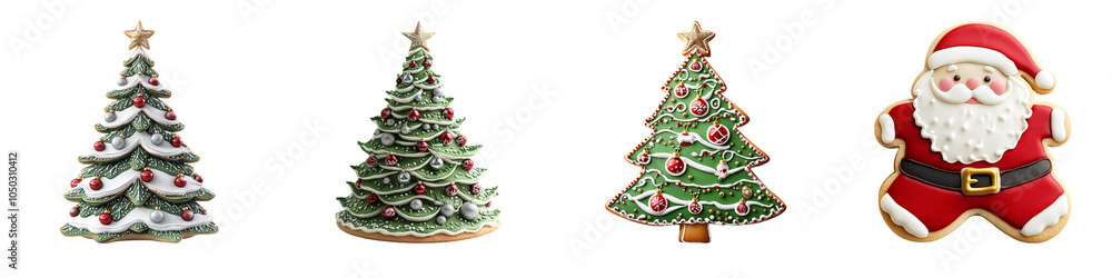 Naklejka premium Festive Christmas treats featuring decorated cookies shaped like trees and Santa. Perfect for holiday celebrations and festive gatherings.