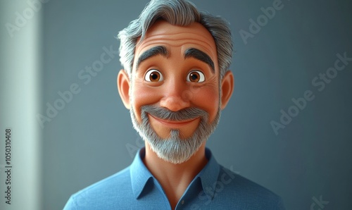 3D Cartoon Character of Smiling Adult Man in Blue Shirt, Friendly Male Portrait, Positive Human Expression Concept, Light Background, Generative AI