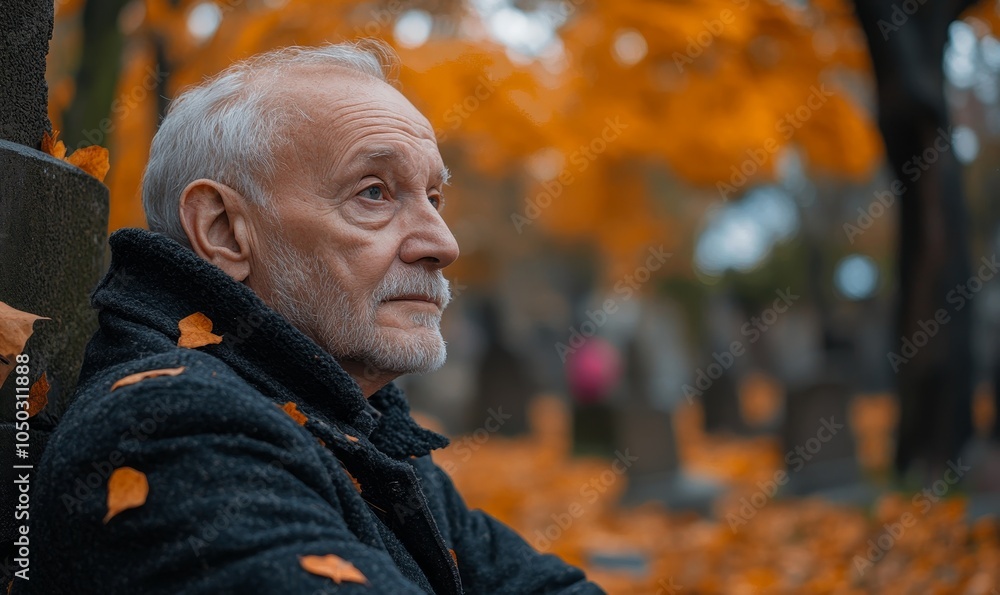 Elderly Man Reflecting on Life and Mortality in Cemetery Setting During Autumn, Generative AI Elderly Man Reflecting on Life and Mortality in Cemetery Setting During Autumn, Generative AI