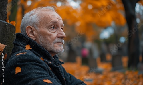 Elderly Man Reflecting on Life and Mortality in Cemetery Setting During Autumn, Generative AI