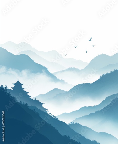 a serene mountain landscape featuring flying birds and traditional Chinese-style buildings. 