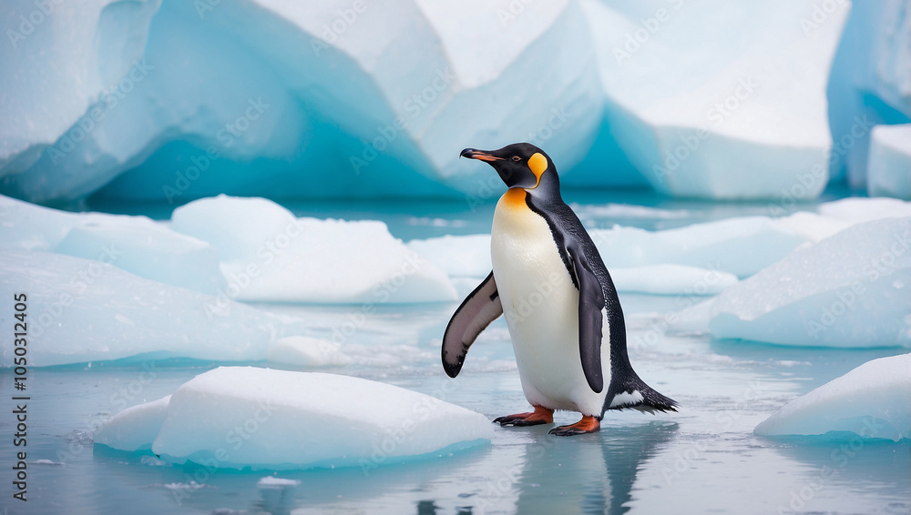 Fototapeta premium A lone King Penguin stands on a piece of ice in the Antarctic.