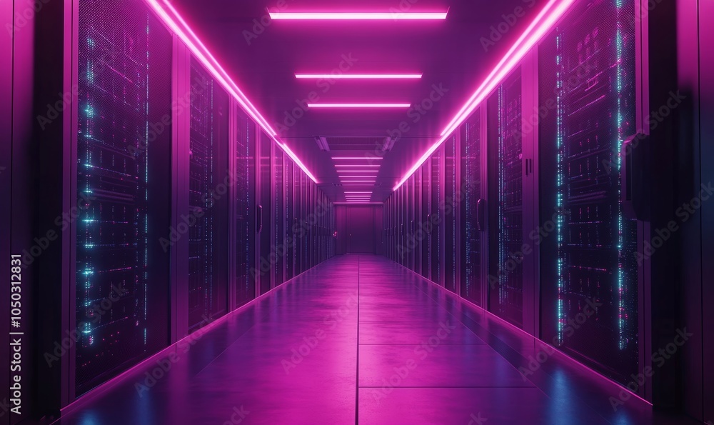 Fototapeta premium Futuristic Neon-Lit Data Center Interior with Rows of Servers, Cybersecurity Concept, Modern Technology Infrastructure, High-Tech Server Room, Innovative Network, Generative AI