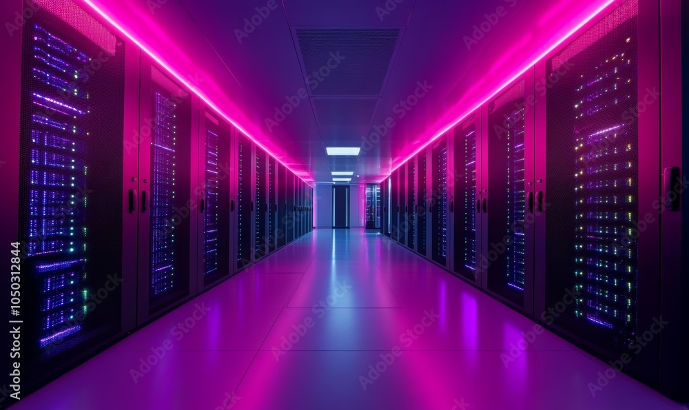 Fototapeta premium Futuristic Neon-Lit Data Center Interior with Rows of Servers, Cybersecurity Concept, Modern Technology Infrastructure, High-Tech Server Room, Innovative Network, Generative AI