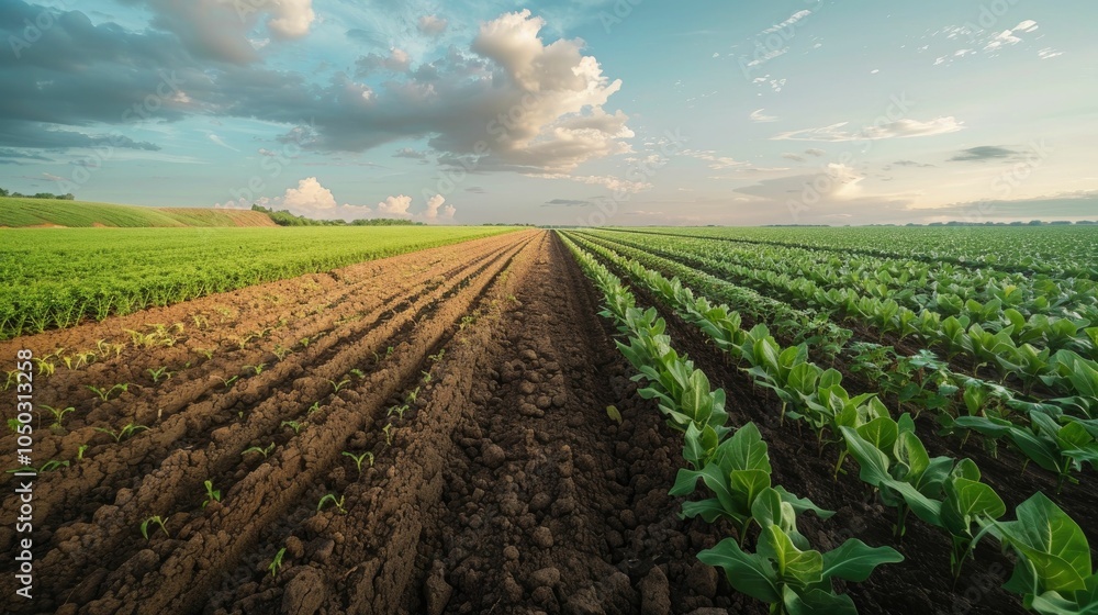 Lush green fields with neat rows of crops under a cloudy sky. Lush green fields with neat rows of crops under a cloudy sky.