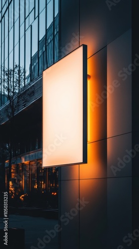 A clean signage mockup glows softly on a minimalist building against a tranquil park backdrop photo