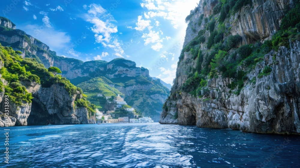 A dramatic view of the towering cliffs and deep blue waters of the Amalfi Coast with picturesque villages clinging to the cliffs and lush green hillsides, coastal setting with vibrant contrasts A dramatic view of the towering cliffs and deep blue waters of the Amalfi Coast with picturesque villages clinging to the cliffs and lush green hillsides, coastal setting with vibrant contrasts
