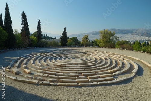 The sun is shining on the well preserved ancient greek ruins of the choragic monument of lysicrates overlooking the city of athens photo