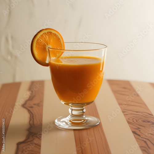 Clear Glass of Fresh Orange Juice on Wooden Table photo