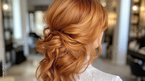 Woman with long red hair styled in a loose, messy bun.