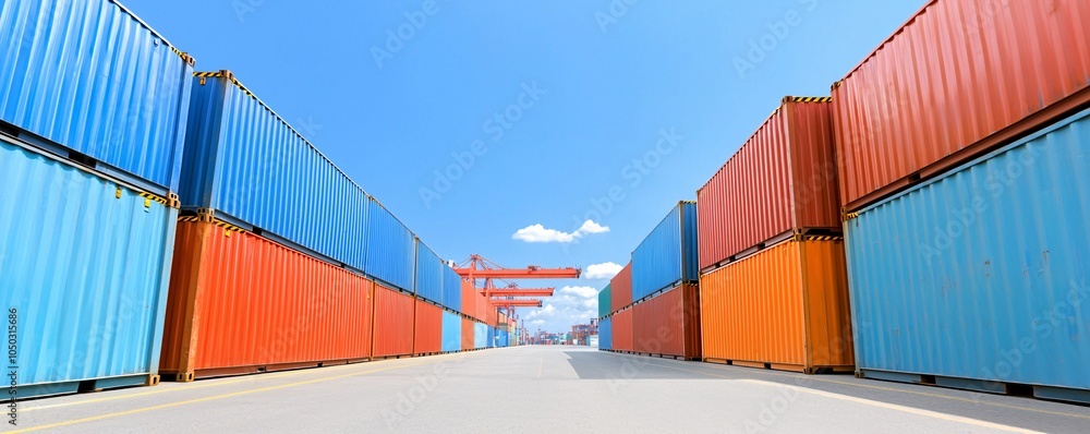 Fototapeta premium Busy Cargo Port with Massive Containers - Dynamic Supply Chain Operations in a Chaotic Maritime Environment