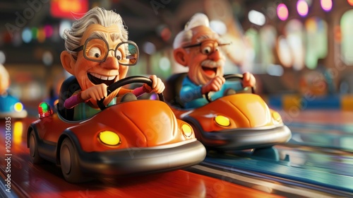 Two elderly men joyfully racing in go-karts at an amusement park.