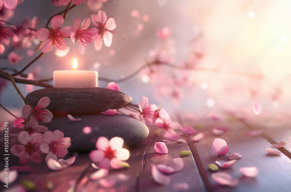 Spa background. Pink sakura blossoms and smooth stones arranged on wooden surface with lit candle. Soft light and scattered petals create serene, calming spa atmosphere, perfect for relaxation Spa background. Pink sakura blossoms and smooth stones arranged on wooden surface with lit candle. Soft light and scattered petals create serene, calming spa atmosphere, perfect for relaxation