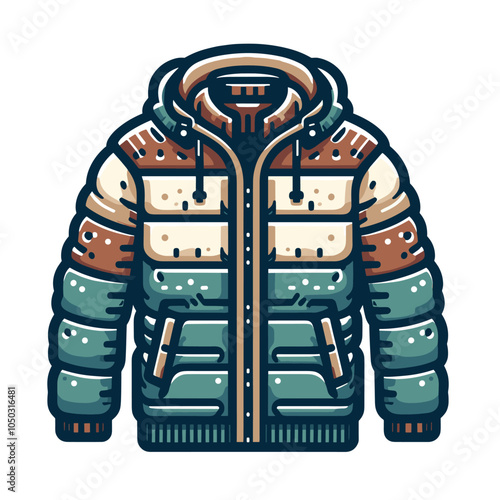 Colorful puffer jacket illustration with retro style and geometric design