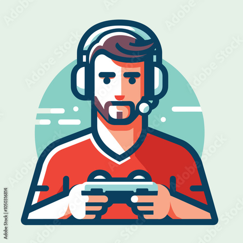 Gamer avatar with headset and controller in modern flat design style