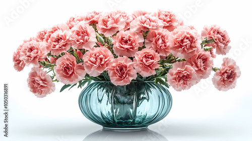 A vibrant bouquet of carnations in shades of pink, red, and white, with ruffled, textured petals and sturdy green stems