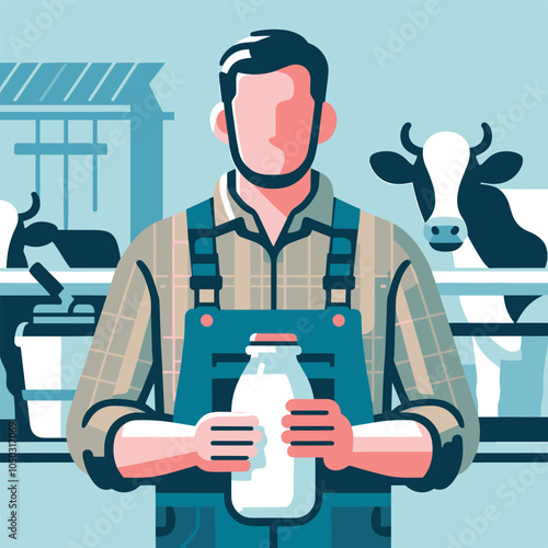 Illustrated dairy farmer holding milk bottle with cow in background