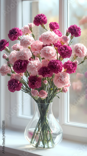 Wallpaper Mural A vibrant bouquet of carnations in shades of pink, red, and white, with ruffled, textured petals and sturdy green stems Torontodigital.ca