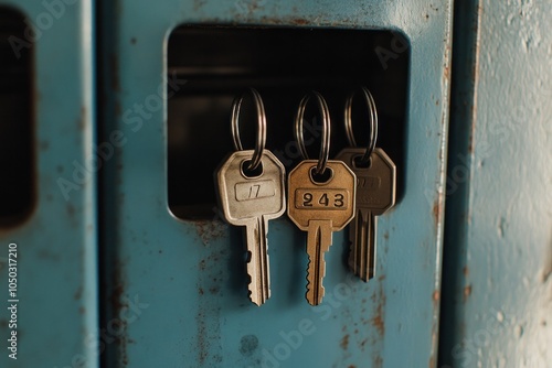 A close-up of locker keys hanging on hooks inside a locker, highlighting the details of security and organization. photo