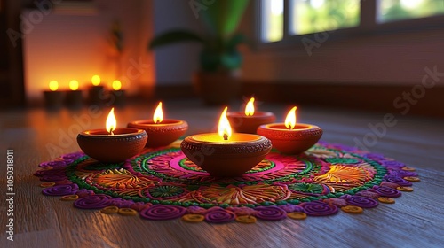 Indian Happy Diwali Colorful Diwali rangoli with clay lamps, festive floor decor, 3D illustration photo