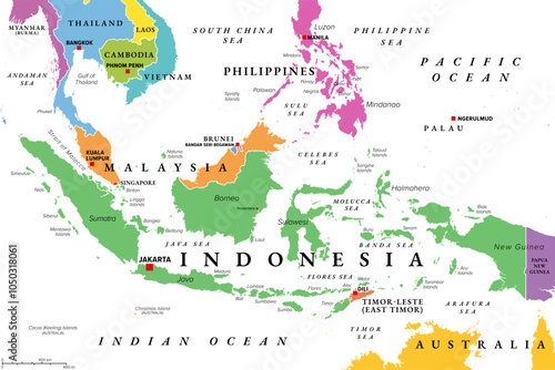 Indonesia, country in Southeast Asia and Oceania, colored political map. Republic and archipelago with capital Jakarta, and largest islands Sumatra, Java, Sulawesi, and parts of Borneo and New Guinea.